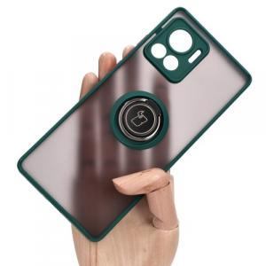 Etui z uchwytem na palec Bizon Case Hybrid Ring do Motorola Edge 30 Ultra, przydymione z ciemnozieloną ramką