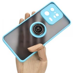 Etui z uchwytem na palec Bizon Case Hybrid Ring do Xiaomi 13 Pro, przydymione z jasnoniebieską ramką