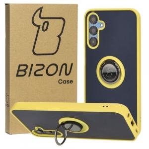 Etui z uchwytem na palec Bizon Case Hybrid Ring do Galaxy M15 5G, przydymione z żółtą ramką