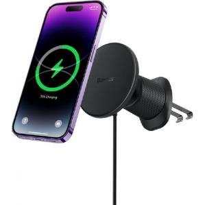 OUTLET: Uchwyt samochodowy magnetyczny na kratkę nawiewu, Baseus BS-CW01 z ładowaniem indukcyjnym do MagSafe, Qi 15W, czarny