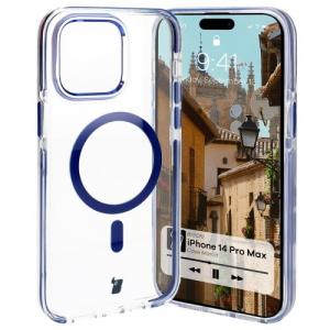 Etui z pierścieniem magnetycznym Bizon Case Marco do iPhone 14 Pro Max, przezroczyste z niebieską ramką