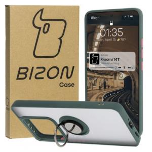 Etui z uchwytem na palec Bizon Case Hybrid Ring do Xiaomi 14T, przydymione z ciemnozieloną ramką