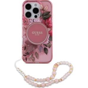Etui Guess IML Flowers with Pearl Strap MagSafe do iPhone 16 Pro Max, różowe