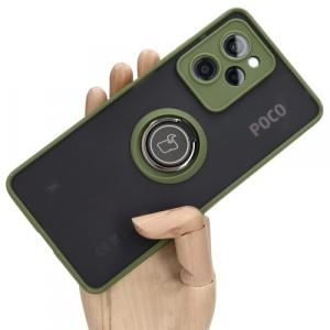 Etui z uchwytem na palec Bizon Case Hybrid Ring do Xiaomi Pocophone X5 Pro, przydymione z zieloną ramką