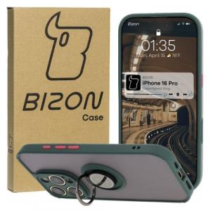 Etui z uchwytem na palec Bizon Case Hybrid Ring do iPhone 16 Pro, przydymione z ciemnozieloną ramką