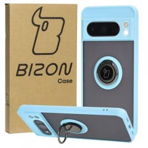 Etui z uchwytem na palec Bizon Case Hybrid Ring do Google Pixel 8 Pro, przydymione z jasnoniebieską ramką