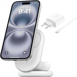 Ładowarka indukcyjna Belkin Boost 2in1 Foldable WIZ028 do MagSafe / Qi / Qi2 15W + PSU, biała