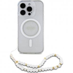Etui Guess IML Glitter with Pearl Strap MagSafe do iPhone 16 Pro Max, przezroczyste z brokatem