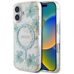 Etui Guess Resin Flowers Glitter MagSafe do iPhone 16, turkusowe