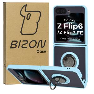 Etui z uchwytem na palec Bizon Case Hybrid Ring do Galaxy Z Flip7 FE / Z Flip6, przydymione z jasnoniebieską ramką