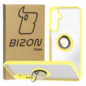 Etui z uchwytem na palec Bizon Case Hybrid Ring do Galaxy A16 4G/5G, przydymione z żółtą ramką