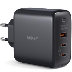 Ładowarka sieciowa Aukey Omnia II GaN 65W, 2x USB-C, 1x USB-A, QC, PD, czarna