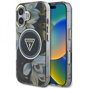 Etui Guess Glitter Flowers Triangle Buttons do MagSafe do iPhone 16, czarne z kwiecistym wzorem