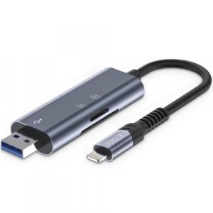 Zewnętrzny czytnik kart Tech Protect Ultraboost card reader SD / Micro SD, Lightning - USB-A, szary