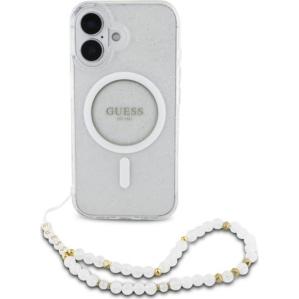 Etui Guess IML Glitter with Pearl Strap MagSafe do iPhone 16, przezroczyste