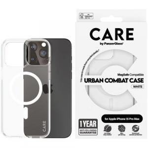 Etui CARE by PanzerGlass Urban Combat Case MagSafe do iPhone 15 Pro Max, przezroczyste z białym