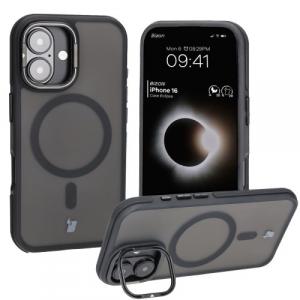 Etui z podstawką i pierścieniem magnetycznym Bizon Case Eclipse do iPhone 16, przydymione z czarną ramką