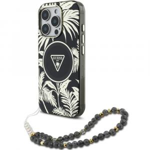 OUTLET: Etui Guess Palm Trees Triangle Pearl Strap MagSafe do iPhone 16 Pro, czarne