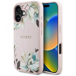 Etui Guess Grained Flower Pattern do MagSafe do iPhone 16, różowe z kwiecistym wzorem