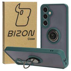 Etui z uchwytem na palec Bizon Case Hybrid Ring do Galaxy S24 Plus, przydymione z ciemnozieloną ramką