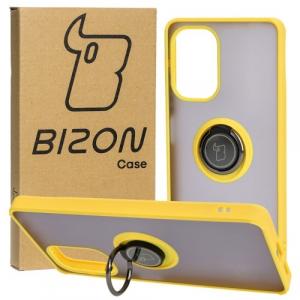 Etui z uchwytem na palec Bizon Case Hybrid Ring do Xiaomi Pocophone F5, przydymione z żółtą ramką