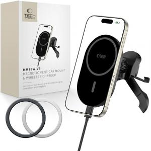 Uchwyt samochodowy z ładowaniem indukcyjnym do kratki nawiewu do MagSafe Tech-Protect MM15W-V6, 15W, czarny