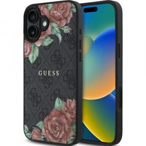 Etui Guess Hardcase 4G Leather Flowers Print Metal Logo MagSafe do iPhone 16, czarne