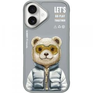 Etui Nimmy Cool&Cute 2.0 Bear do iPhone 16, szare z misiem