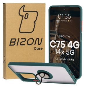 Etui z uchwytem na palec Bizon Case Hybrid Ring do Realme C75 4G / 14X 5G, przydymione z ciemnozieloną ramką