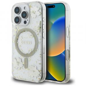 Etui Guess Resin Flowers Glitter MagSafe do iPhone 16 Pro, beżowe wzorzyste