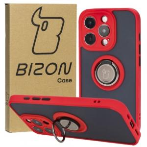 Etui z uchwytem na palec Bizon Case Hybrid Ring do iPhone 15 Pro, przydymione z czerwoną ramką