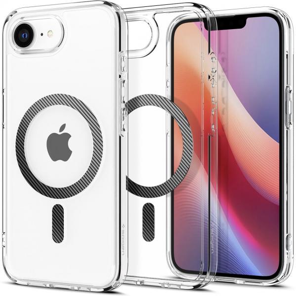 Etui Spigen Ultra Hybrid Mag do MagSafe do iPhone 16e, przezroczysto-czarne-karbonowe