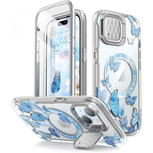 Etui pancerne Supcase i-Blason Cosmo Mag MagSafe SP Stand do iPhone 15, przezroczysto-niebieskie w motyle