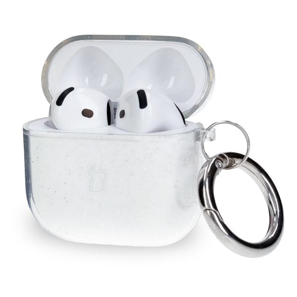 Elastyczne etui z karabińczykiem Bizon Case Headphone Clear do AirPods 4, przeźroczysto-brokatowe