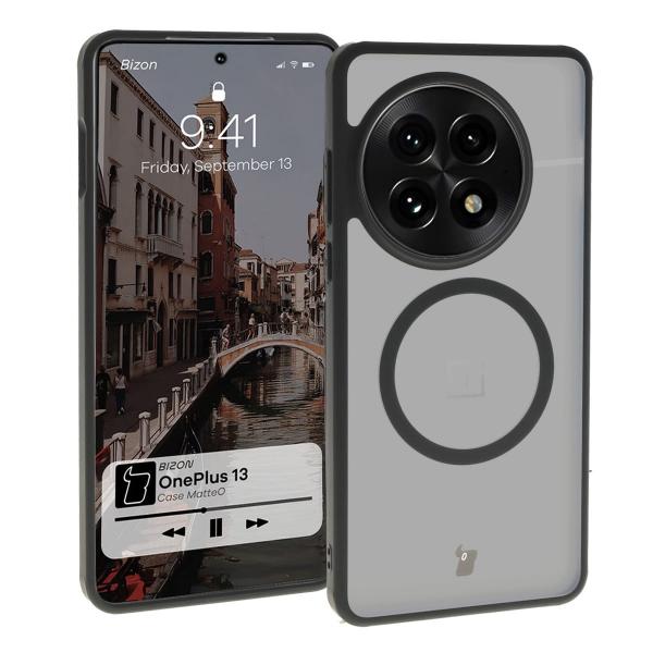 Etui z pierścieniem magnetycznym Bizon Case MatteO do OnePlus 13, półprzezroczyste z czarną ramką