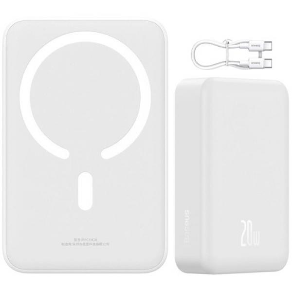 Powerbank indukcyjny Qi, USB-C, Baseus Magnetic Mini, do MagSafe, 20 000mAh, 20W, biały