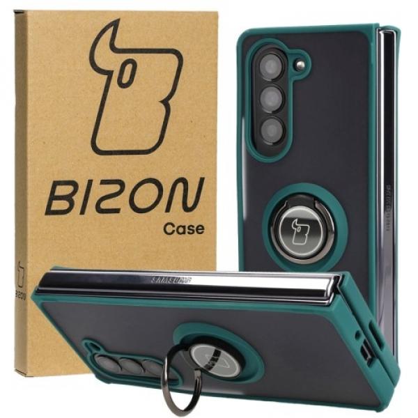 Etui z uchwytem na palec Bizon Case Hybrid Ring do Galaxy Z Fold5, przydymione z ciemnozieloną ramką