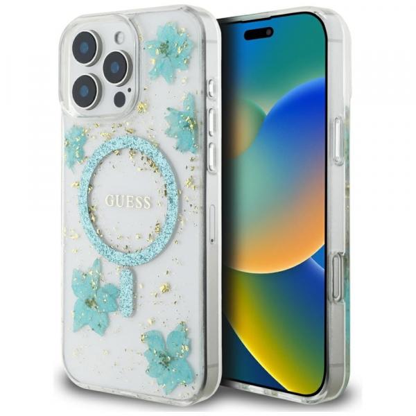 Etui Guess Resin Flowers Glitter MagSafe do iPhone 16 Pro Max, turkusowe