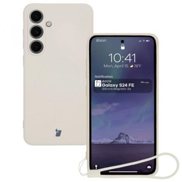 Silikonowe etui z pierścieniem magnetycznym Bizon Case Silicone Magnetic Sq do Galaxy S24 FE, beżowe