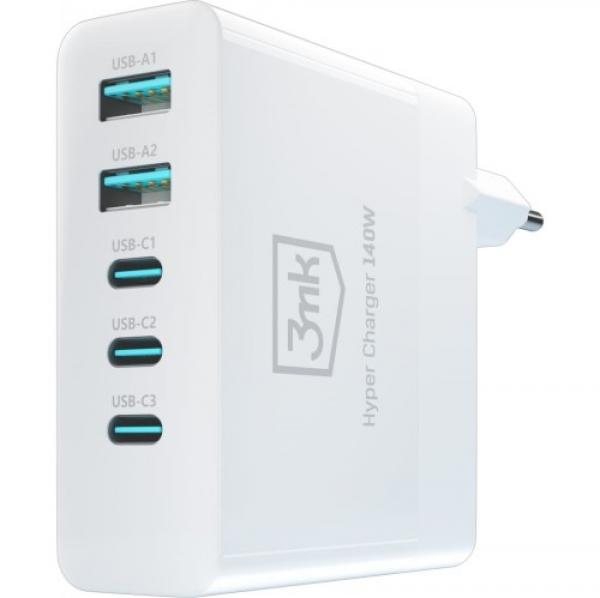 Ładowarka sieciowa 3mk Hyper GaN Charger 140W, 2x USB-A, 3x USB-C, QC, PD, biała