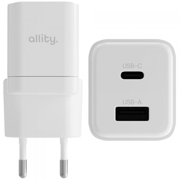Ładowarka sieciowa GaN Allity ATC-01-20WAC 20W 1x USB-C PD / 1x USB-A QC, biała