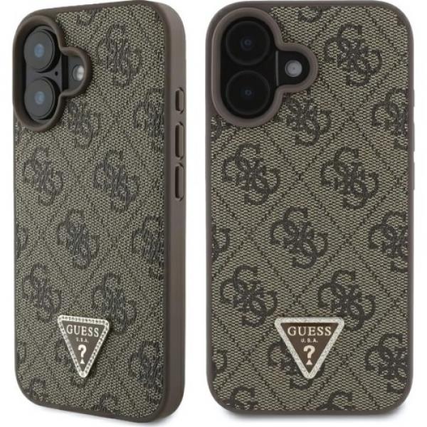 Etui Guess Hardcase Leather 4G Triangle Strass do iPhone 16, brązowe