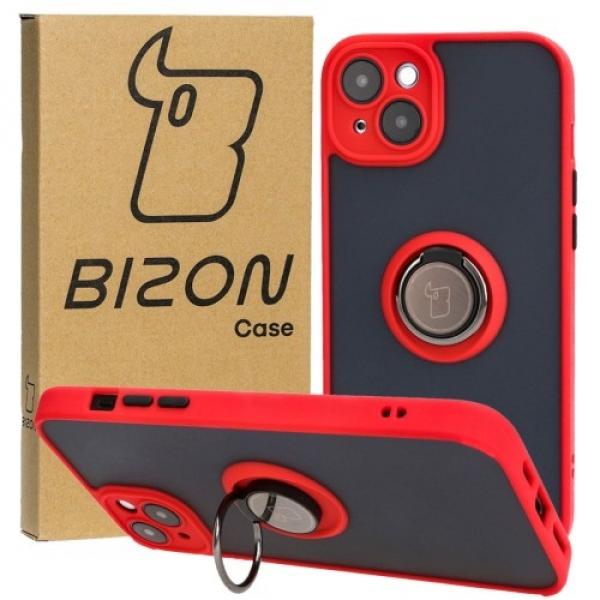 Etui z uchwytem na palec Bizon Case Hybrid Ring do iPhone 15 Plus, przydymione z czerwoną ramką