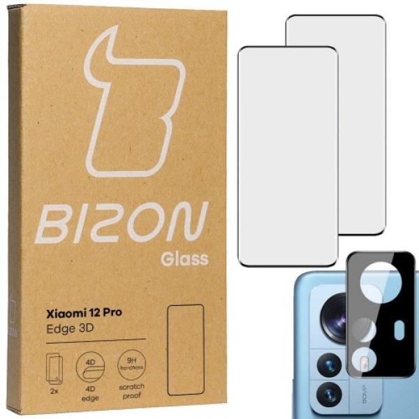 Szkło hartowane Bizon Glass Edge 3D - 2 sztuki + ochrona na obiektyw, Xiaomi 12 Pro, czarne