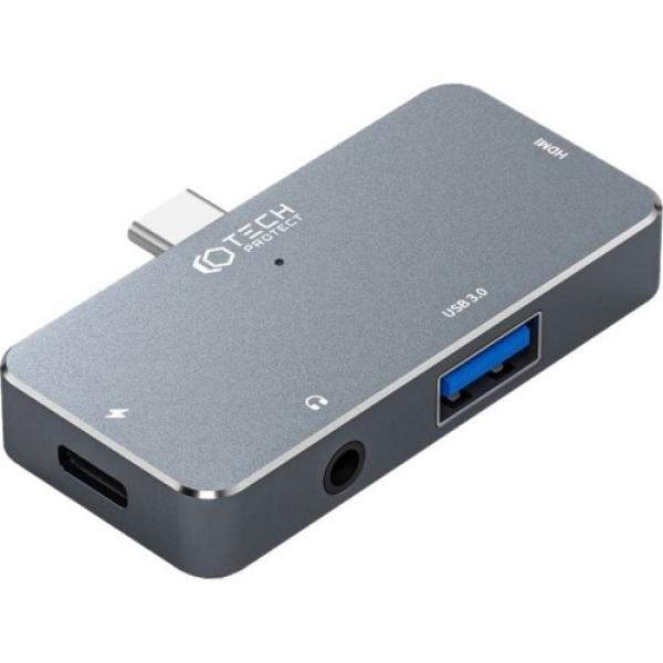 Hub, adapter Tech-Protect V6, 4w1 1x USB-A 3.0, 1x USB-C PD, HDMI, mini-jack, szary