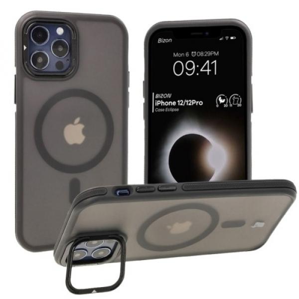 Etui z podstawką i pierścieniem magnetycznym Bizon Case Eclipse do iPhone 12 / iPhone 12 Pro , przydymione z czarną ramką