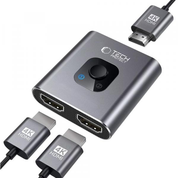 Hub, adapter do przełączania obrazu Tech-Protect HB07 4k 60Hz, 2x HDMI (wejście), 1x HDMI (wyjście), szary
