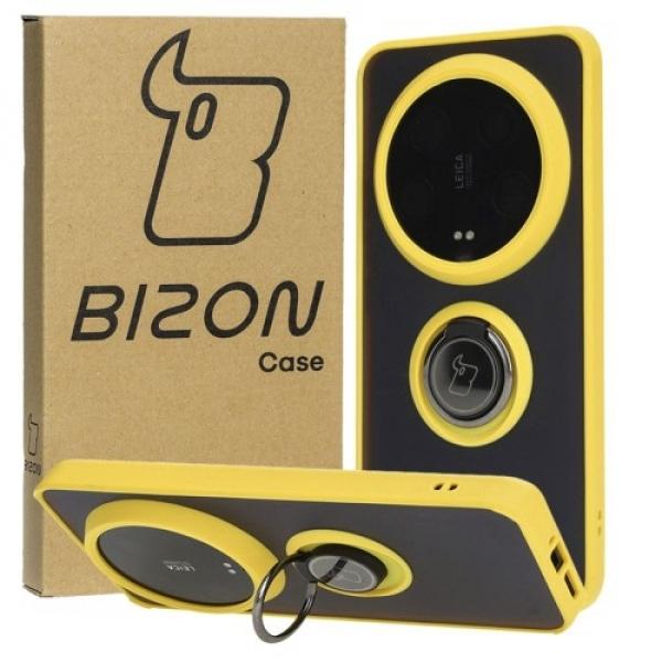 Etui z uchwytem na palec Bizon Case Hybrid Ring do Xiaomi 14 Ultra, przydymione z żółtą ramką