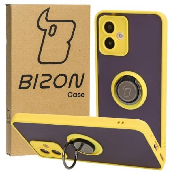 Etui z uchwytem na palec Bizon Case Hybrid Ring do Motorola Moto G14, przydymione z żółtą ramką