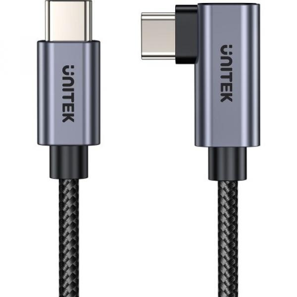 Kabel kątowy 90° Unitek USB-C do USB-C, PD / QC 3.0, 100W 0,5 m, czarno-szary